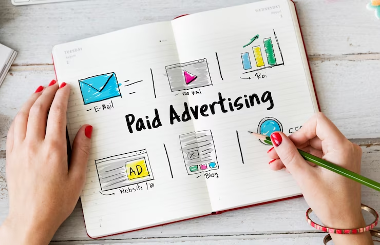 an open book showing graphical illustration of Paid advertising
